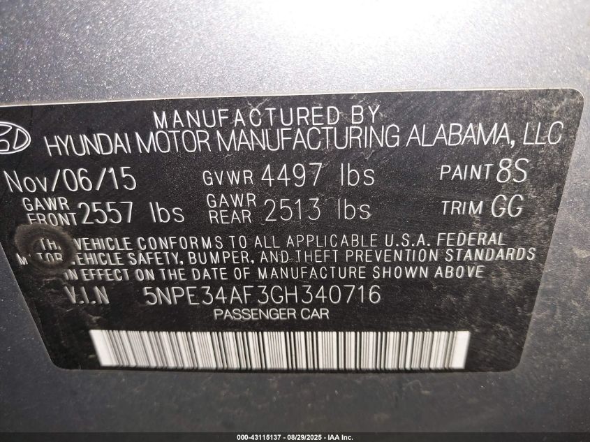 2016 Hyundai Sonata Sport VIN: 5NPE34AF3GH340716 Lot: 43115137