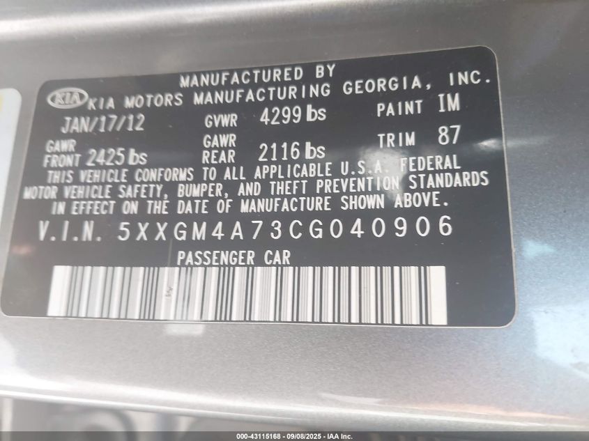 2012 Kia Optima Lx VIN: 5XXGM4A73CG040906 Lot: 43115168