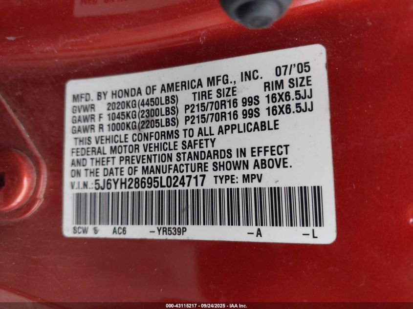 2005 Honda Element Ex VIN: 5J6YH28695L024717 Lot: 43115217