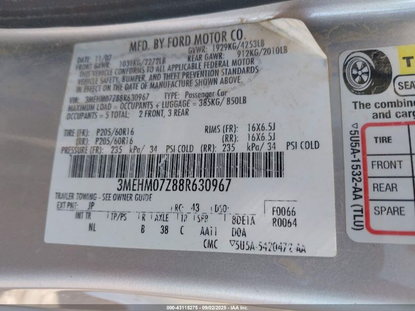 2008 Mercury Milan I4 VIN: 3MEHM07Z88R630967 Lot: 43115275