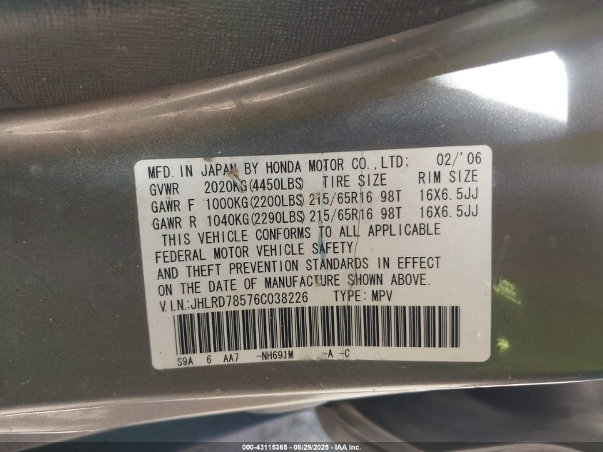 2006 Honda Cr-V Lx VIN: JHLRD78576C038226 Lot: 43115365