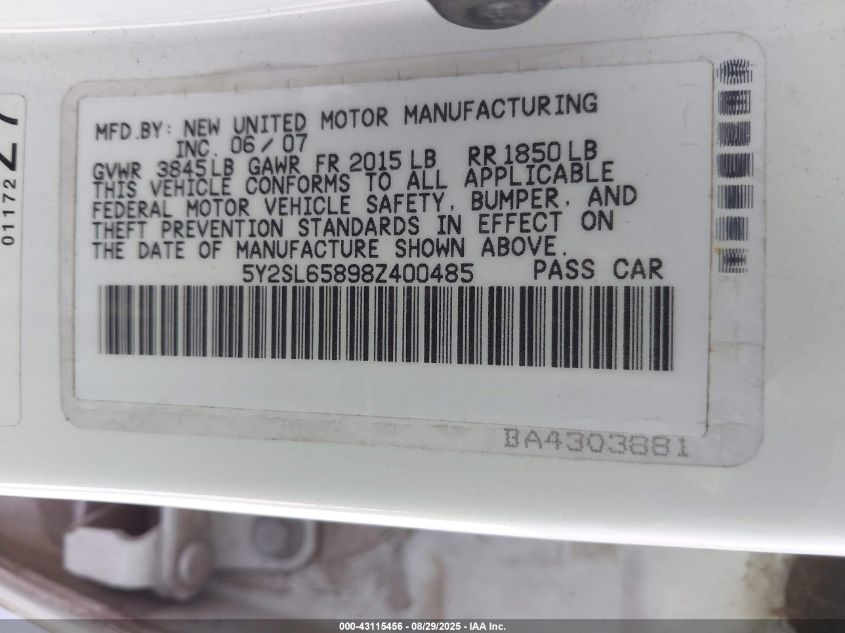 2008 Pontiac Vibe VIN: 5Y2SL65898Z400485 Lot: 43115456