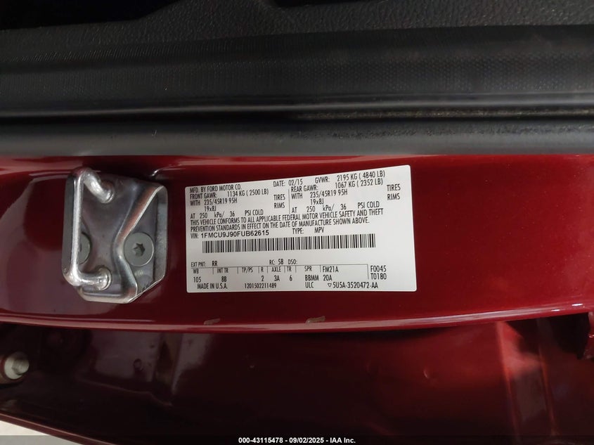 2015 Ford Escape Titanium VIN: 1FMCU9J90FUB62615 Lot: 43115478