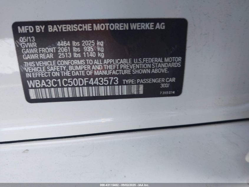 2013 BMW 328I VIN: WBA3C1C50DF443573 Lot: 43115482