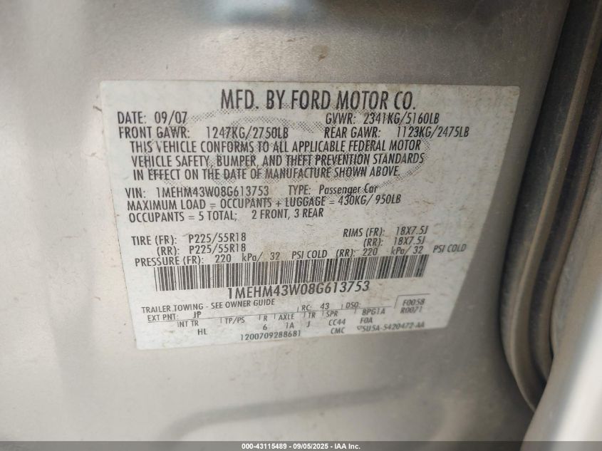 2008 Mercury Sable Premier VIN: 1MEHM43W08G613753 Lot: 43115489