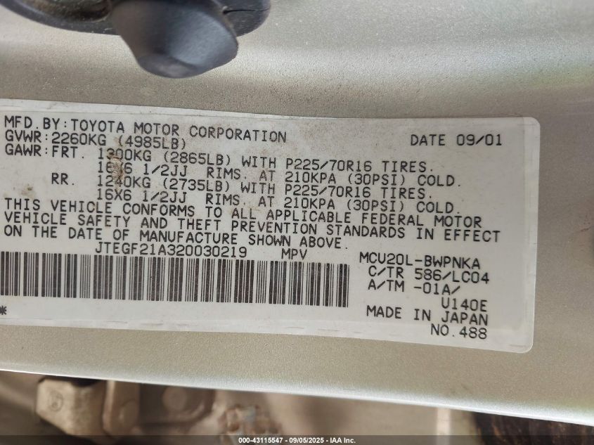 2002 Toyota Highlander Limited V6 VIN: JTEGF21A320030219 Lot: 43115547