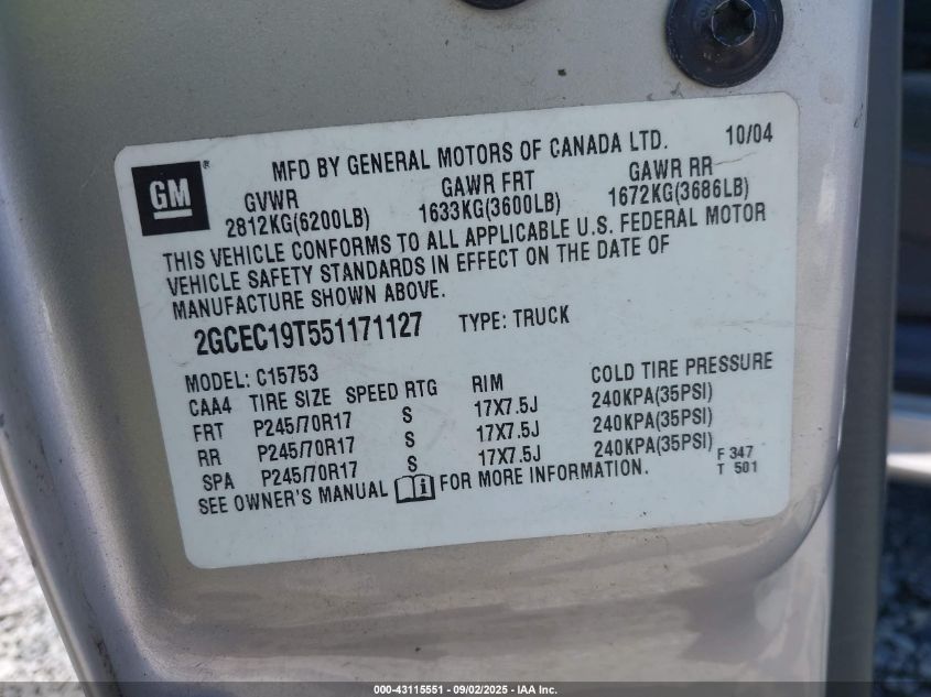 2005 Chevrolet Silverado 1500 Ls VIN: 2GCEC19T551171127 Lot: 43115551