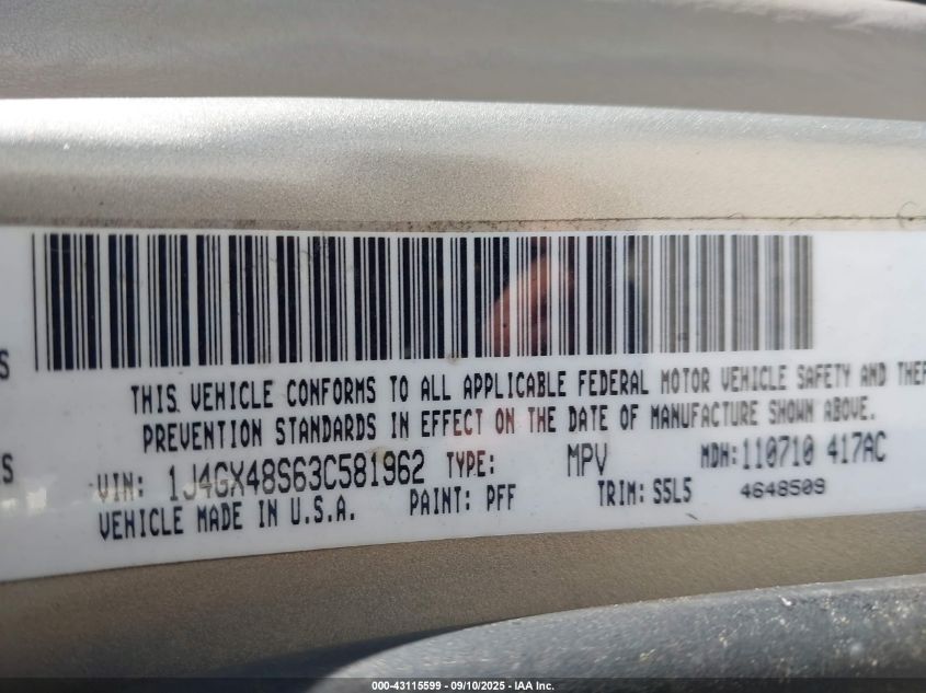 2003 Jeep Grand Cherokee Laredo VIN: 1J4GX48S63C581962 Lot: 43115599