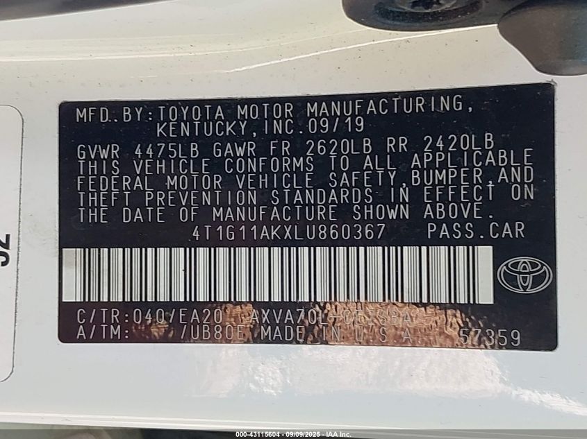2020 Toyota Camry Se VIN: 4T1G11AKXLU860367 Lot: 43115604