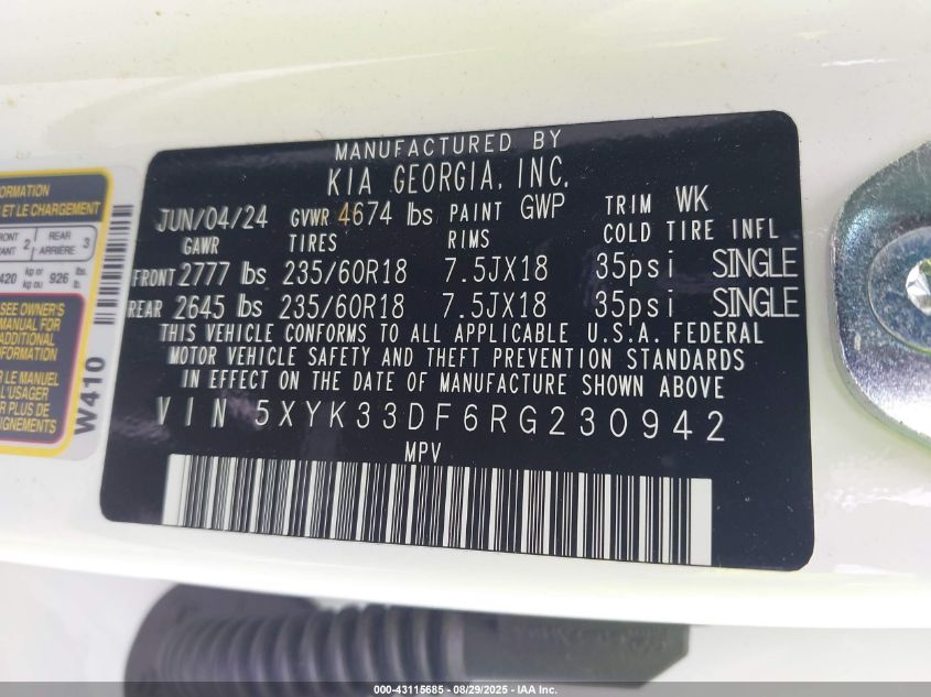 2024 Kia Sportage Ex VIN: 5XYK33DF6RG230942 Lot: 43115685