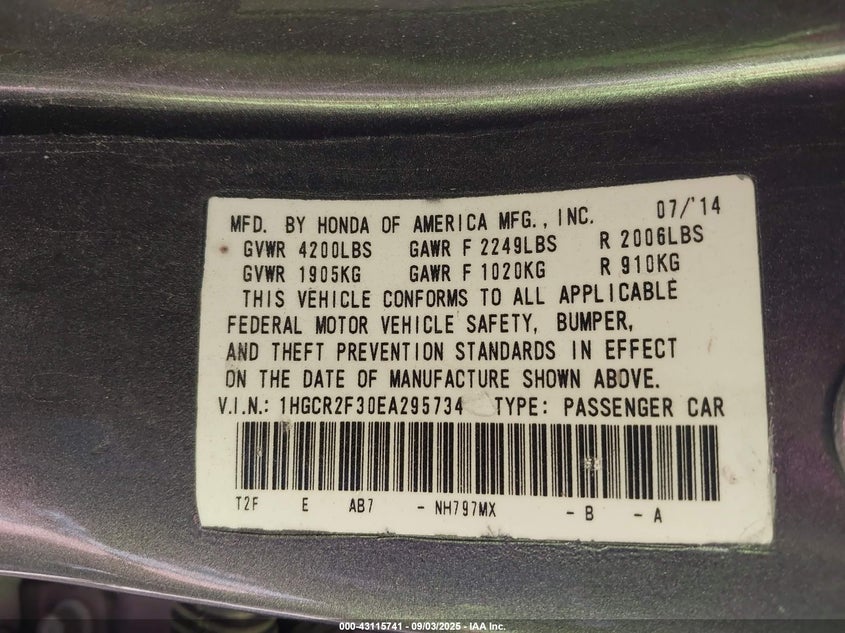 2014 Honda Accord Lx VIN: 1HGCR2F30EA295734 Lot: 43115741