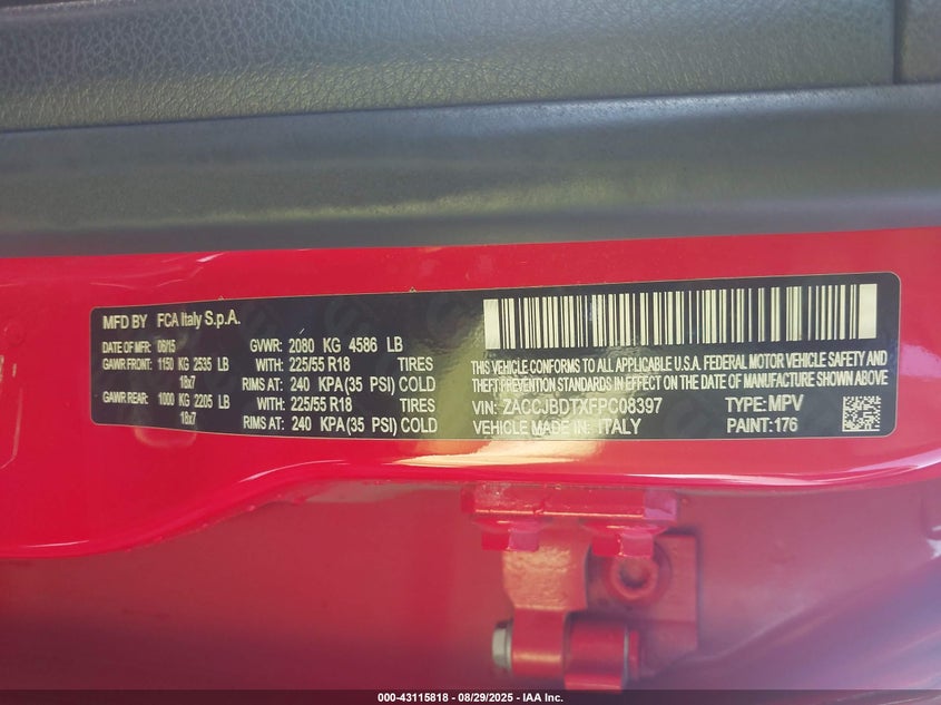 2015 JEEP RENEGADE LIMITED - ZACCJBDTXFPC08397