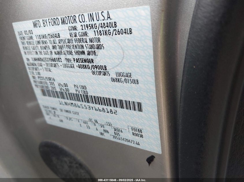 2003 Lincoln Ls VIN: 1LNHMH6S53Y668182 Lot: 43115846