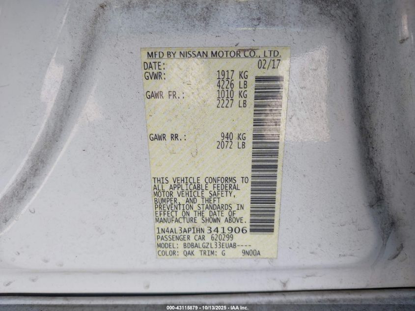 2017 Nissan Altima 2.5 S VIN: 1N4AL3AP1HN341906 Lot: 43115879