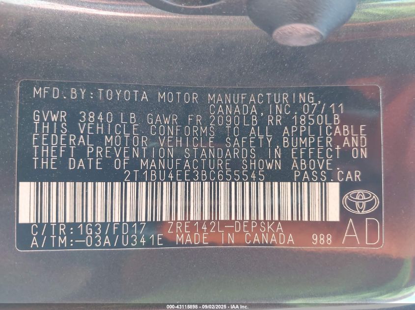 2011 Toyota Corolla S VIN: 2T1BU4EE3BC655545 Lot: 43115898