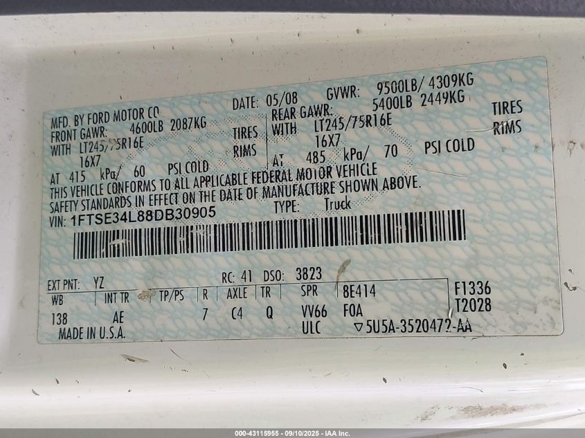 2008 Ford E-350 Super Duty VIN: 1FTSE34L88DB30905 Lot: 43115955