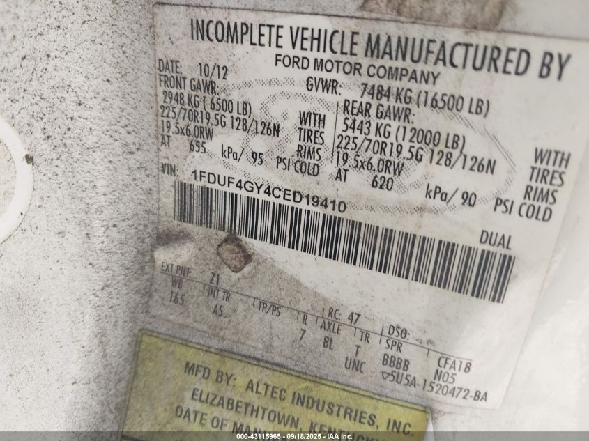 2012 Ford F-450 Chassis Xl VIN: 1FDUF4GY4CED19410 Lot: 43115965