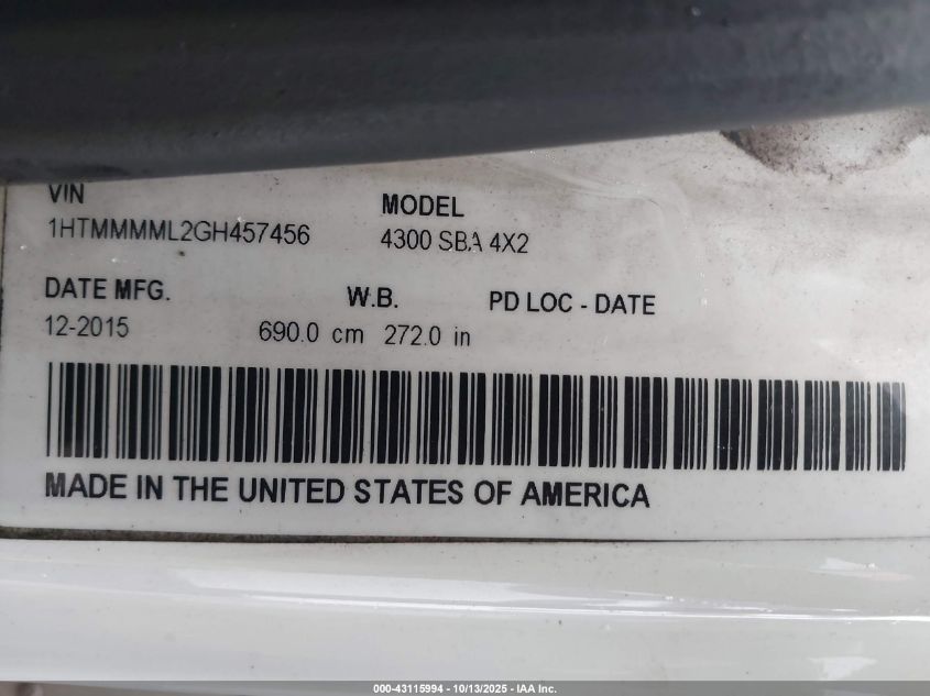 2016 International 4000 4300 VIN: 1HTMMMML2GH457456 Lot: 43115994
