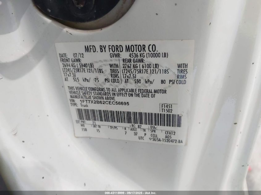 2012 Ford F-250 Xl VIN: 1FT7X2B62CEC58695 Lot: 43115999