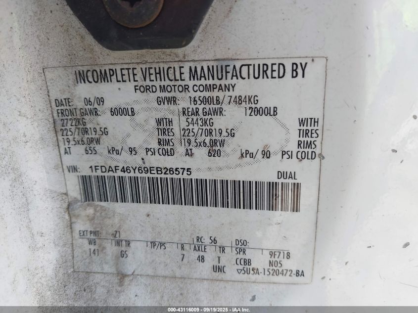 2009 Ford F-450 Chassis Xl/Xlt VIN: 1FDAF46Y19EB26600 Lot: 43116009
