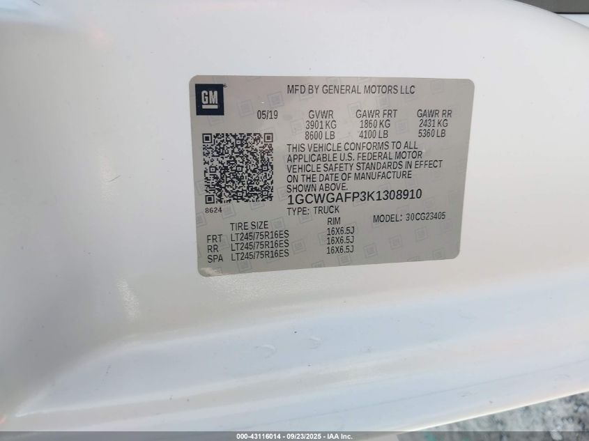 2019 Chevrolet Express 2500 Work Van VIN: 1GCWGAFP3K1308910 Lot: 43116014