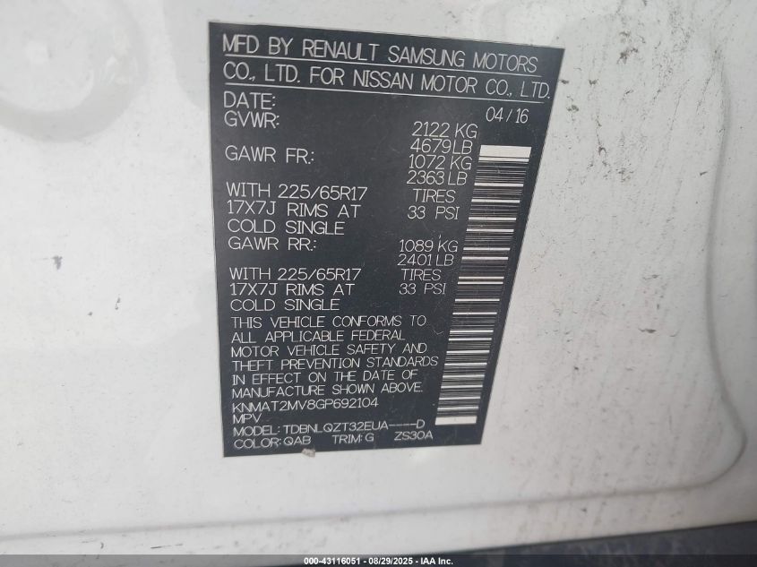 2016 Nissan Rogue Sv VIN: KNMAT2MV8GP692104 Lot: 43116051