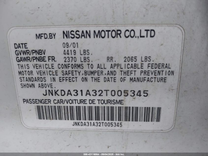 2002 Infiniti I35 Luxury VIN: JNKDA31A32T005345 Lot: 43116064