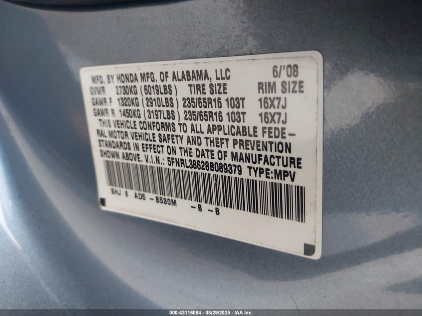 2008 Honda Odyssey Ex-L VIN: 5FNRL38628B089379 Lot: 43116094