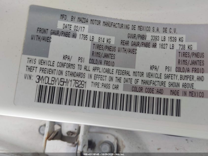 2017 Toyota Yaris Ia VIN: 3MYDLBYV5HY176291 Lot: 43116145
