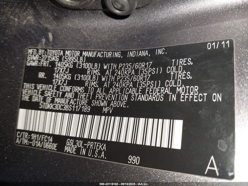 2011 Toyota Sienna Le V6 VIN: 5TDKK3DC3BS117189 Lot: 43116160