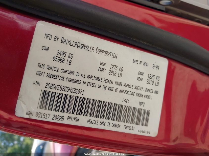 2005 Dodge Magnum Rt VIN: 2D8GV58265H536071 Lot: 43116179