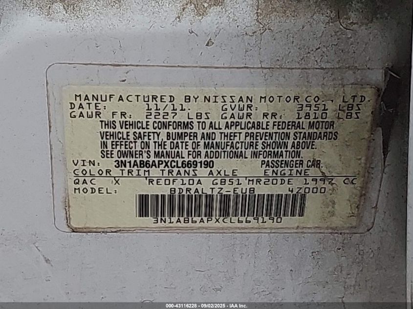 2012 Nissan Sentra 2.0 S VIN: 3N1AB6APXCL669190 Lot: 43116228