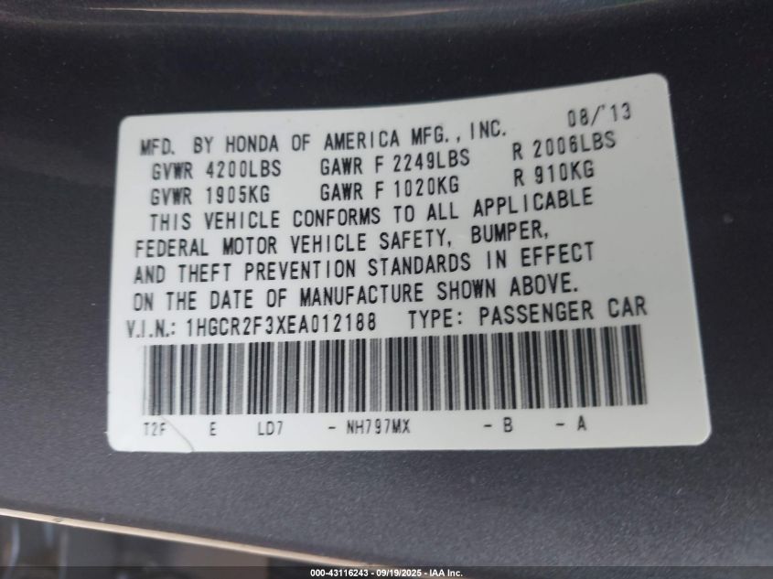 2014 Honda Accord Lx VIN: 1HGCR2F3XEA012188 Lot: 43116243