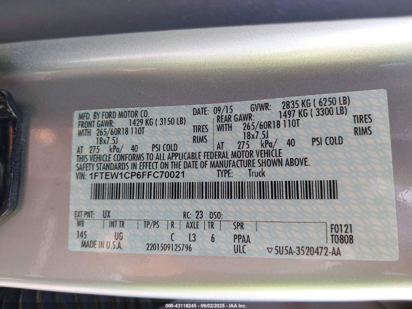 2015 Ford F-150 Xlt VIN: 1FTEW1CP6FFC70021 Lot: 43116245