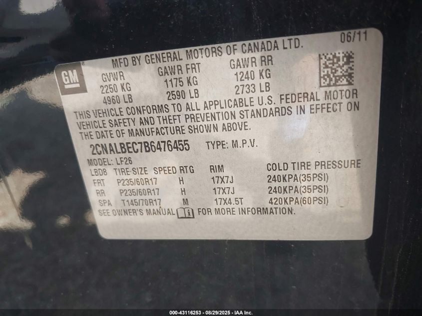 2011 Chevrolet Equinox Ls VIN: 2CNALBEC7B6476455 Lot: 43116253