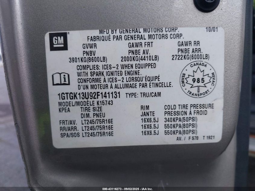 2002 GMC Sierra 1500Hd Sle VIN: 1GTGK13U92F141131 Lot: 43116273