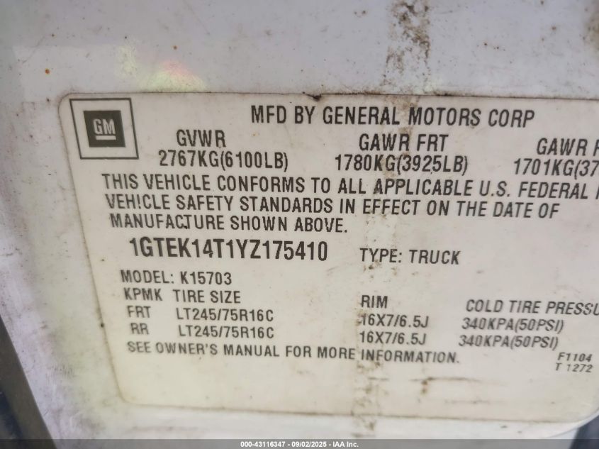 2000 GMC Sierra 1500 Sle VIN: 1GTEK14T1YZ175410 Lot: 43116347