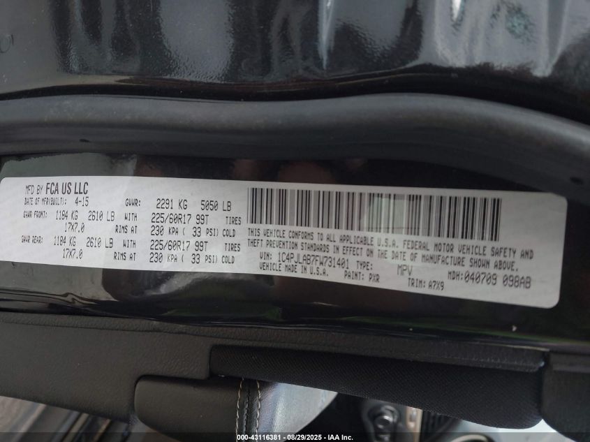 2015 Jeep Cherokee Sport VIN: 1C4PJLAB7FW731401 Lot: 43116381