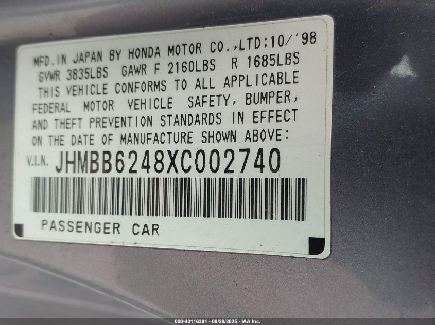 1999 Honda Prelude VIN: JHMBB6248XC002740 Lot: 43116391