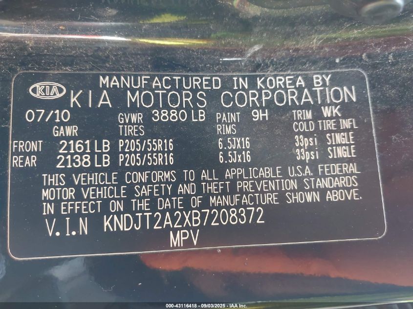 2011 Kia Soul + VIN: KNDJT2A2XB7208372 Lot: 43116418