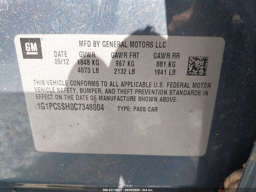 2012 Chevrolet Cruze Ls VIN: 1G1PC5SH0C7348004 Lot: 43116437