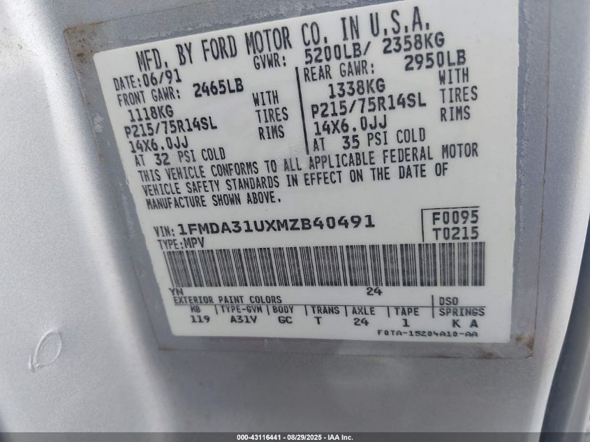 1991 Ford Aerostar VIN: 1FMDA31UXMZB40491 Lot: 43116441