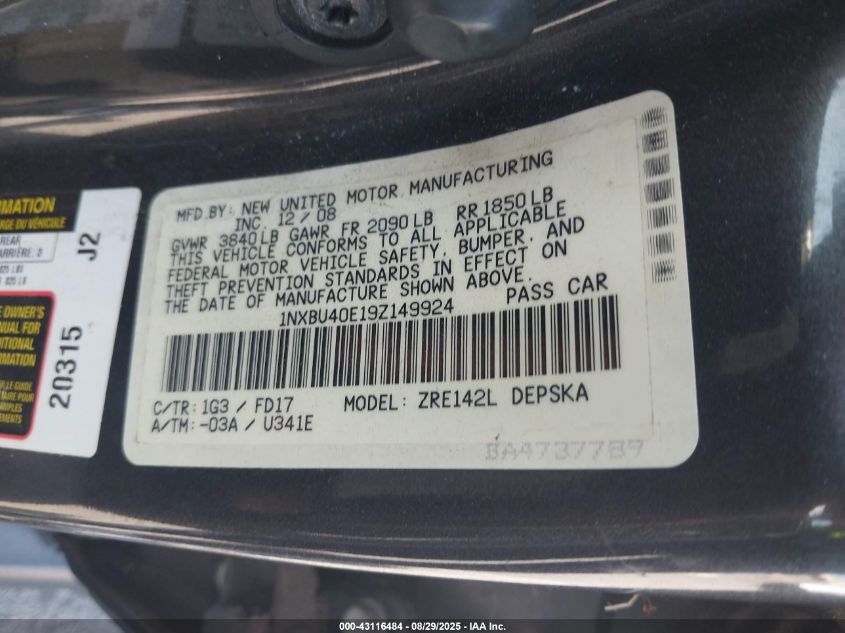 2009 Toyota Corolla S VIN: 1NXBU40E19Z149924 Lot: 43116484