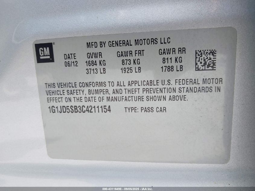 2012 Chevrolet Sonic 1Lt VIN: 1G1JD5SB3C4211154 Lot: 43116498