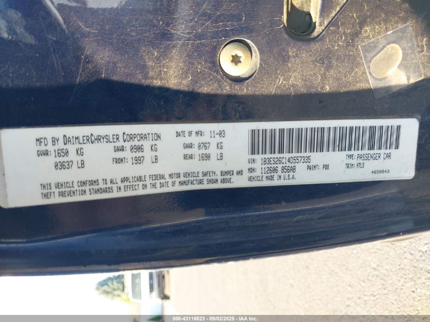 2004 Dodge Neon Se VIN: 1B3ES26C14D557335 Lot: 43116523