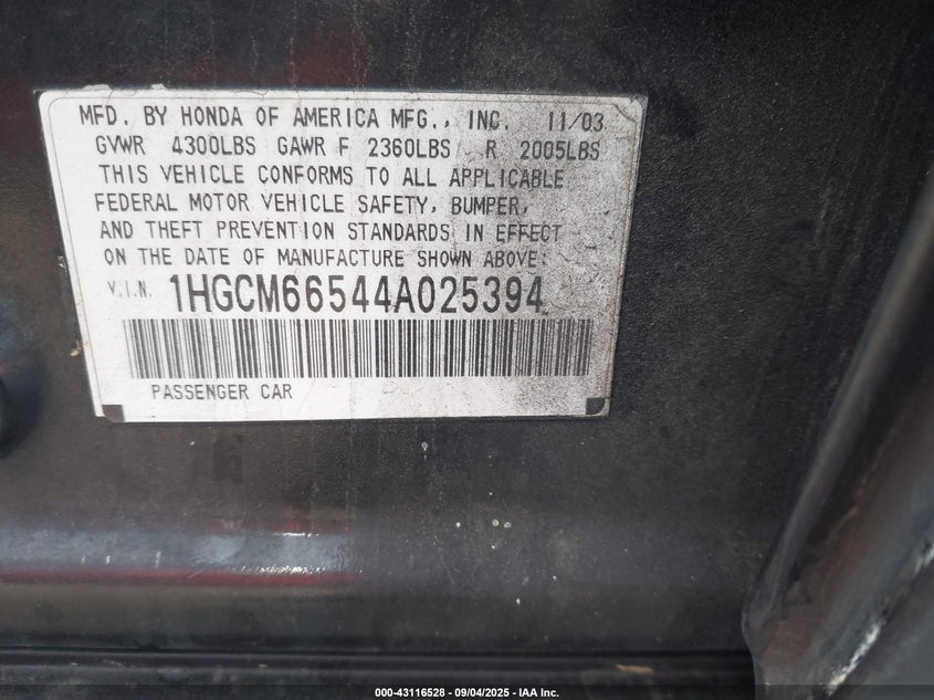 1HGCM66544A025394 2004 HONDA ACCORD photo no. 9