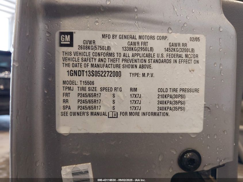 2005 Chevrolet Trailblazer Ls VIN: 1GNDT13S052272000 Lot: 43116530