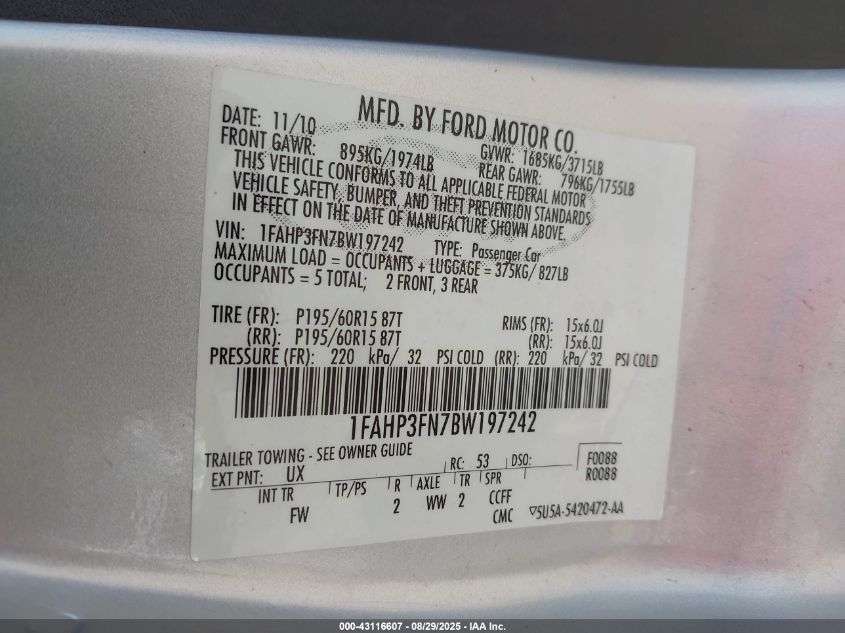 2011 Ford Focus Se VIN: 1FAHP3FN7BW197242 Lot: 43116607