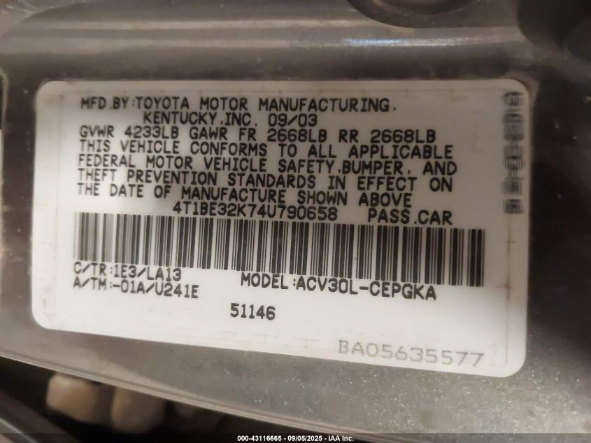 2004 Toyota Camry Xle VIN: 4T1BE32K74U790658 Lot: 43116665