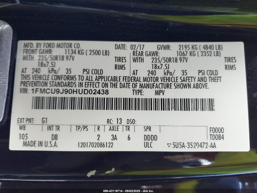 2017 Ford Escape Titanium VIN: 1FMCU9J90HUD02438 Lot: 43116714